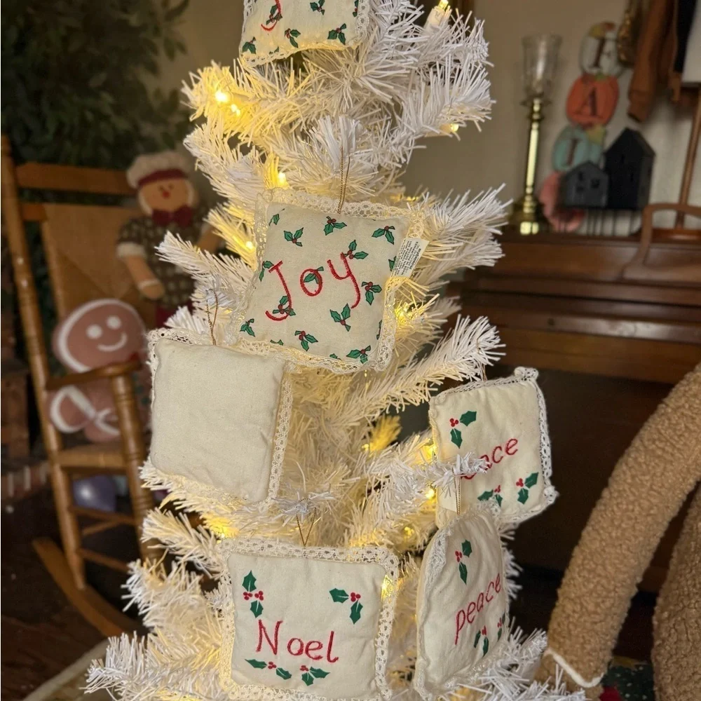 Vintage 1980’s Peace, Joy, Noel White Pillow Ornaments Set of 6